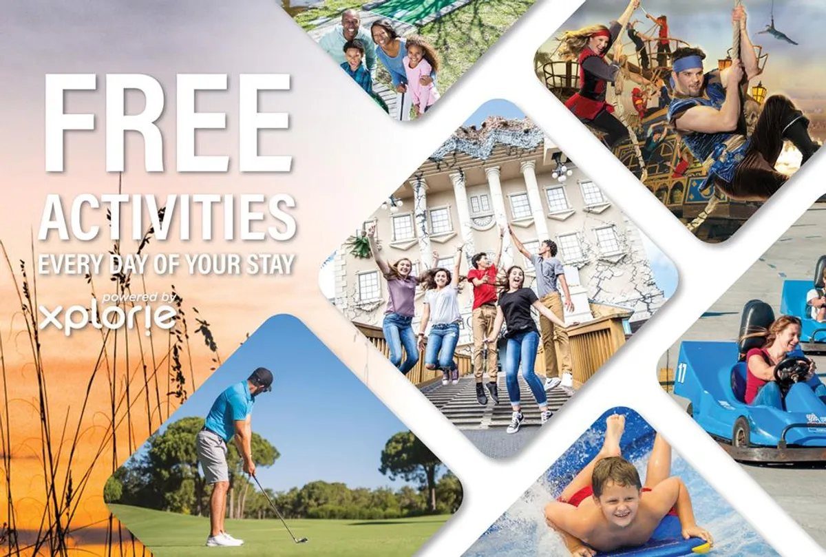A dynamic scene of families engaging in a range of activities, from golfing and water sports to enjoying rides at a theme park. The image captures the thrill and diversity of attractions available nearby, embodying the sense of adventure found in the Free Fun Program.